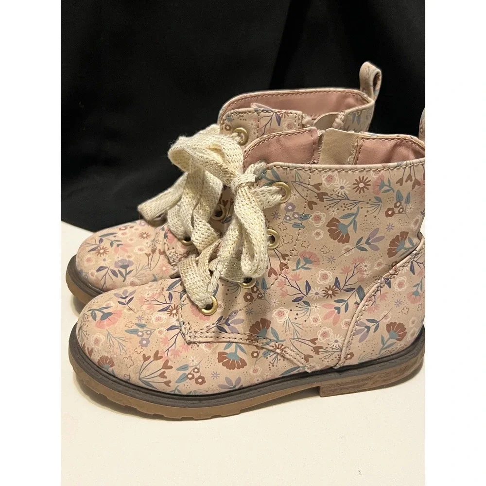 Cat and Jack Giovanna Toddler Girls Ankle Combat Boots‎ Pink Beige Floral Sz 10